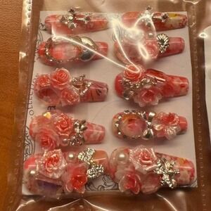 3D Floral Press On Nails Pink Orange Marble Coffin Long Charms Bows Crosses 10pc